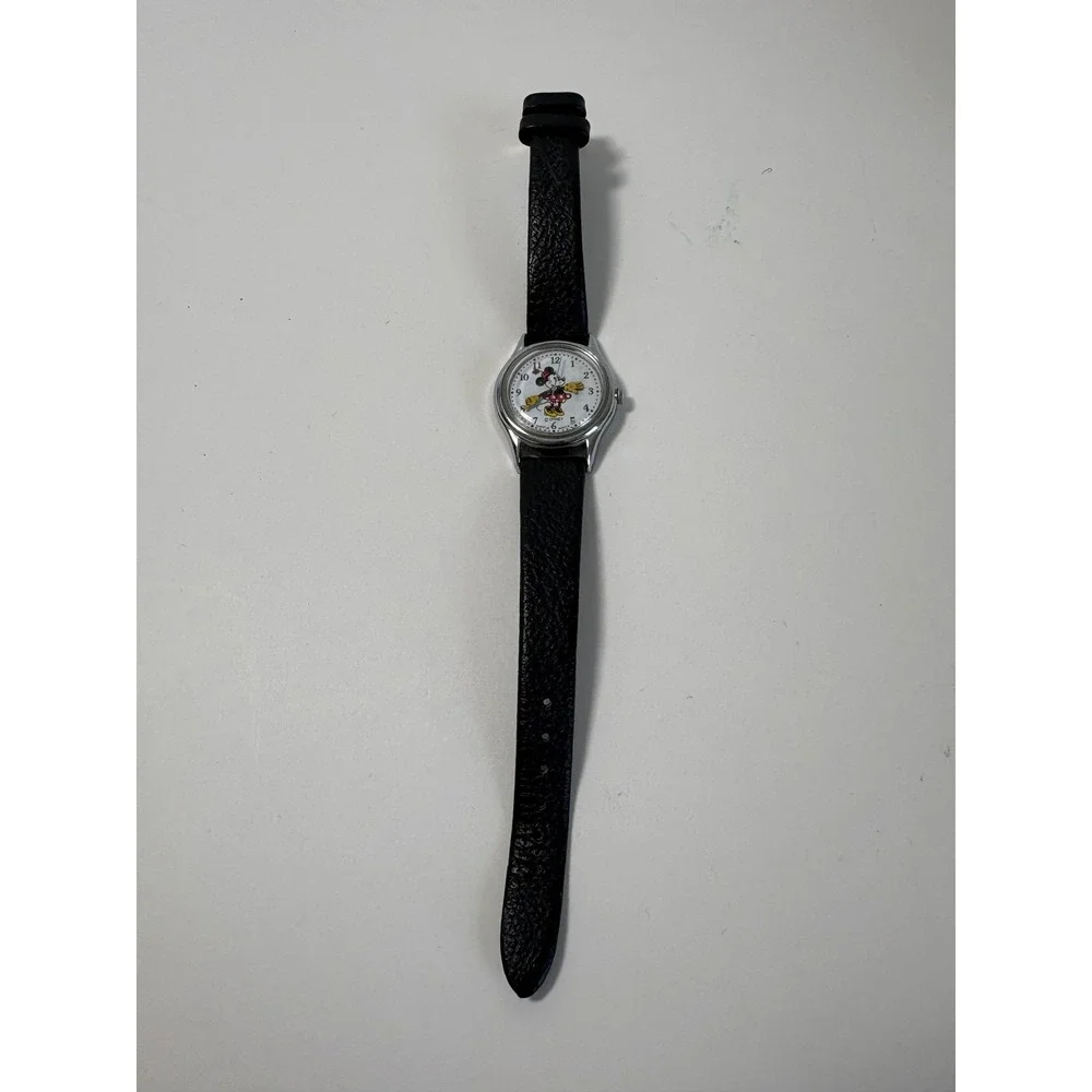 Vintage Lorus Disney Minnie Mouse Watch Black Leather V515-6080 Needs Battery